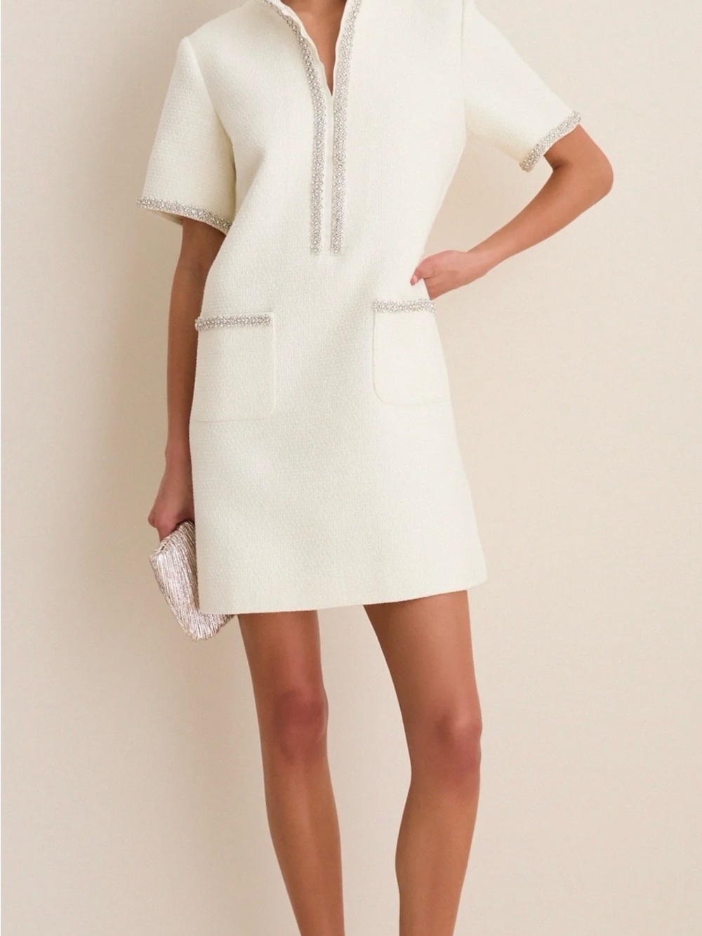 Pomander Place\ Tuckernuck Pearl White Tweed Embellished Ophelia Dress - Picture 2 of 10